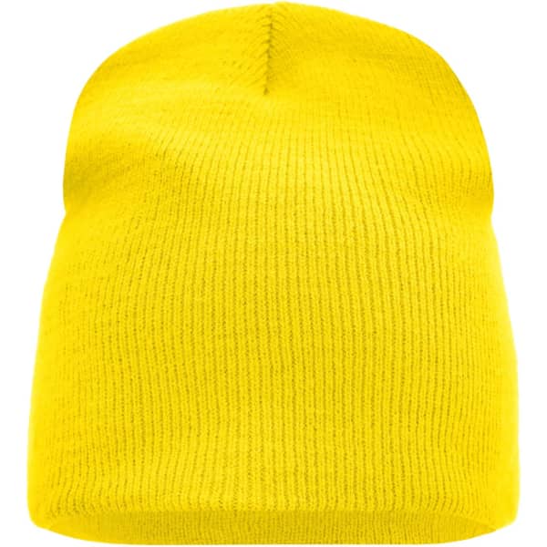 A yellow beanie with a ribbed texture and a snug fit. It features a logo at the back.