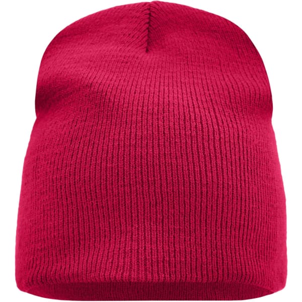 A red knitted beanie with a ribbed texture, featuring a logo on the side.