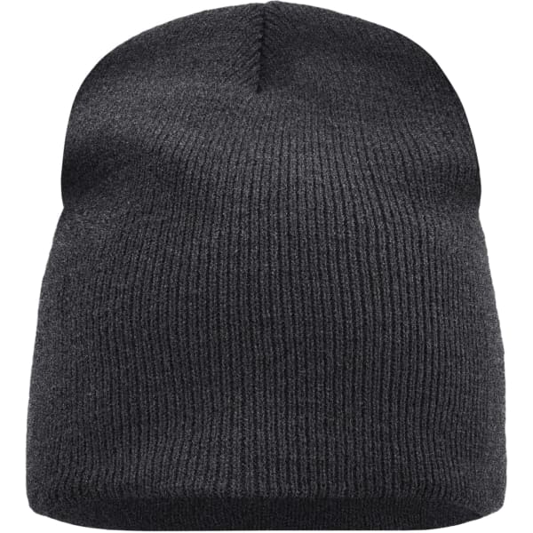 A knitted beanie in dark grey with a ribbed texture. It features a branding logo.