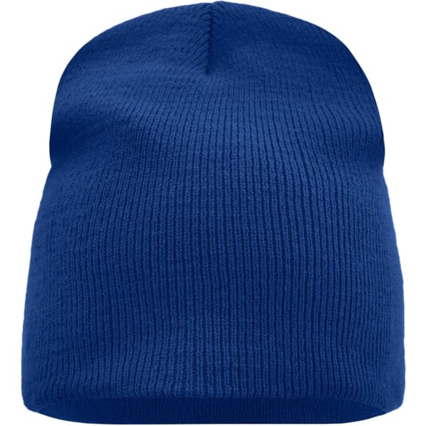 A beanie in a vibrant blue colour, featuring a ribbed texture and a rounded crown. It has a logo on it.
