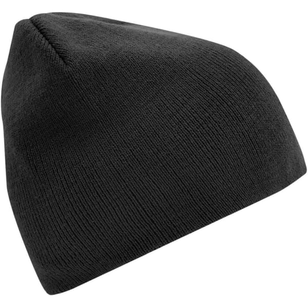 A black knitted beanie with a simple design and a snug fit, featuring a logo.