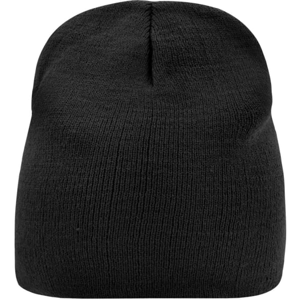 A black beanie with a simple design and a closed top, featuring a branding logo.