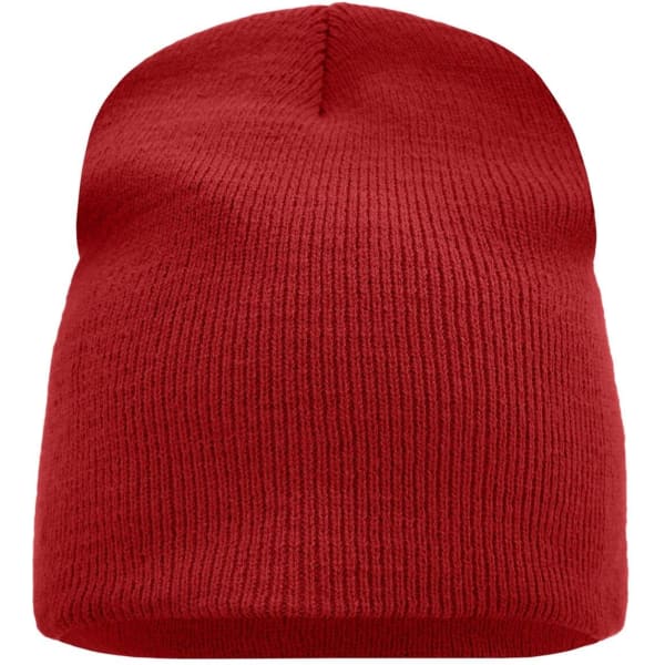 A red beanie with a ribbed texture, featuring a subtle branding logo.