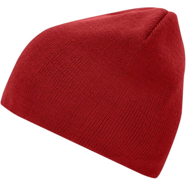 A red beanie with a fitted design, featuring a textured knit. It has a simple style and no visible logos.