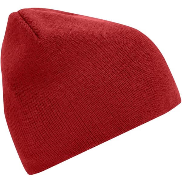 A red beanie with a snug fit, featuring a textured knit design and a rounded top. It has a logo on it.