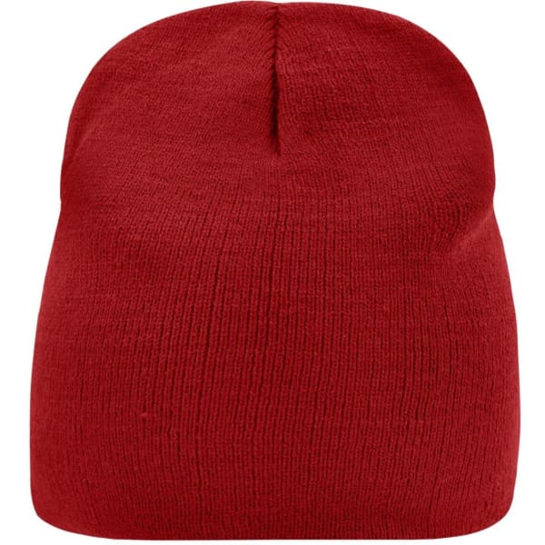 A red beanie with a simple, stretchy knit design and a rounded top. Features a logo on the side.