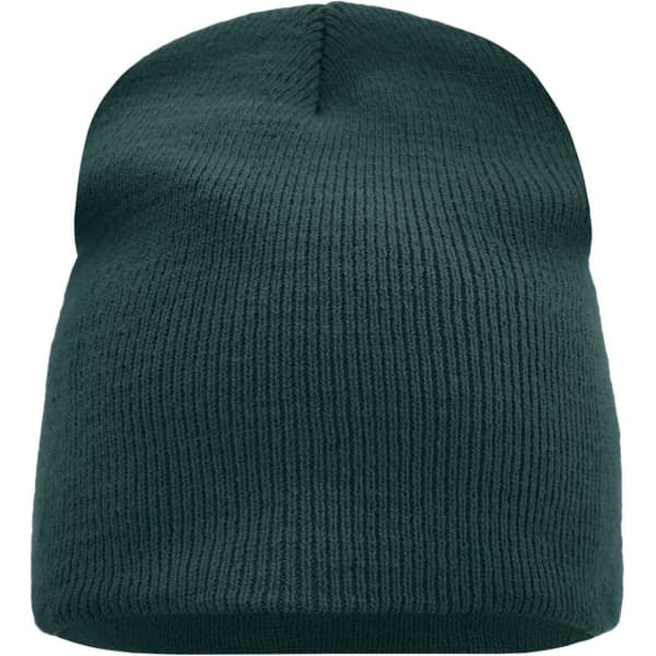 A beanie in a deep green colour with a ribbed texture and a rounded top. It has a logo on it.