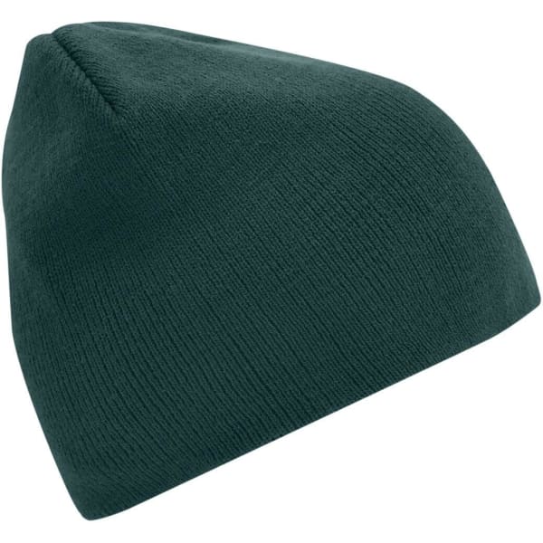 A green beanie with a simple knitted design and a rounded top. It features a logo on the side.