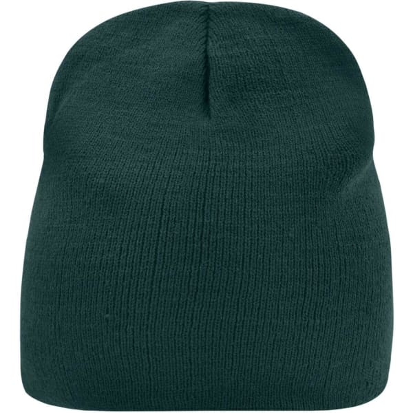 A dark green beanie with a soft, knitted texture, featuring a seamless crown and no visible branding.