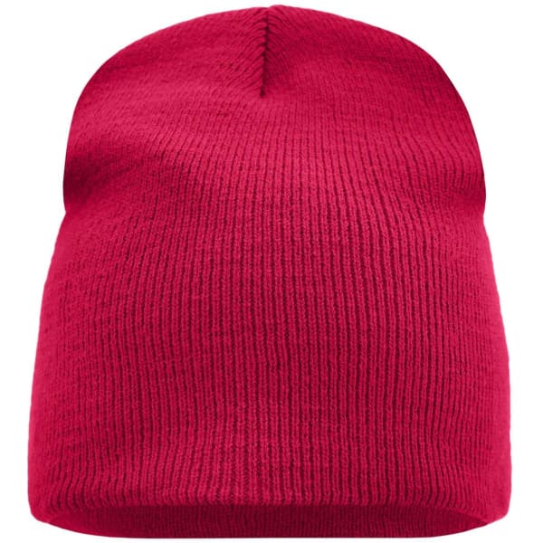 A red beanie with a ribbed texture and a top seam, featuring a logo.