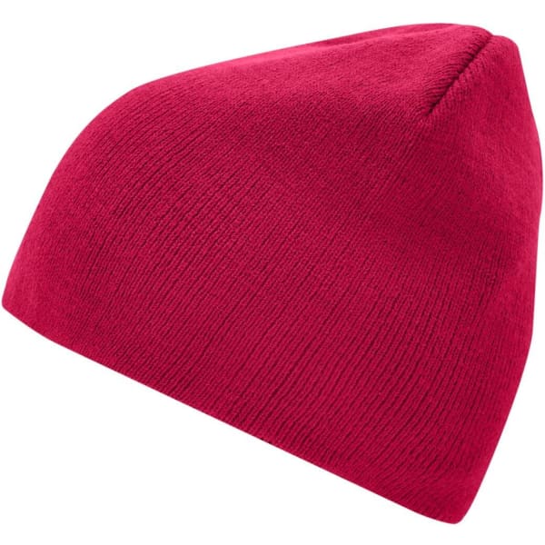 A red beanie with a snug fit and a minimalist design, featuring a branded logo.