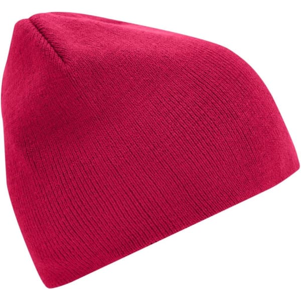 A red beanie with a snug fit, featuring a seamless design and a small logo.