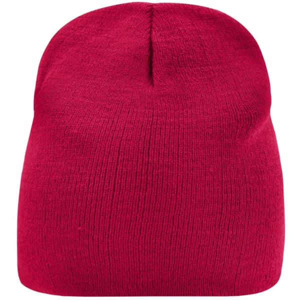 A red beanie with a simple knit design and a rounded top. It has a logo on one side.