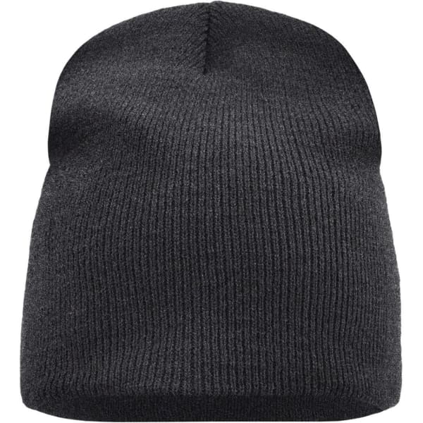 A beanie in dark grey, featuring a ribbed design and a rounded top. It has a logo on one side.