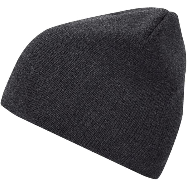 A beanie in dark grey, featuring a fitted design and showcasing a simple, plain texture.