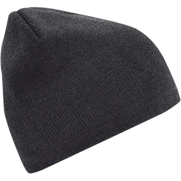A knitted beanie in dark grey, featuring a simple design. It has a small branding logo on the side.