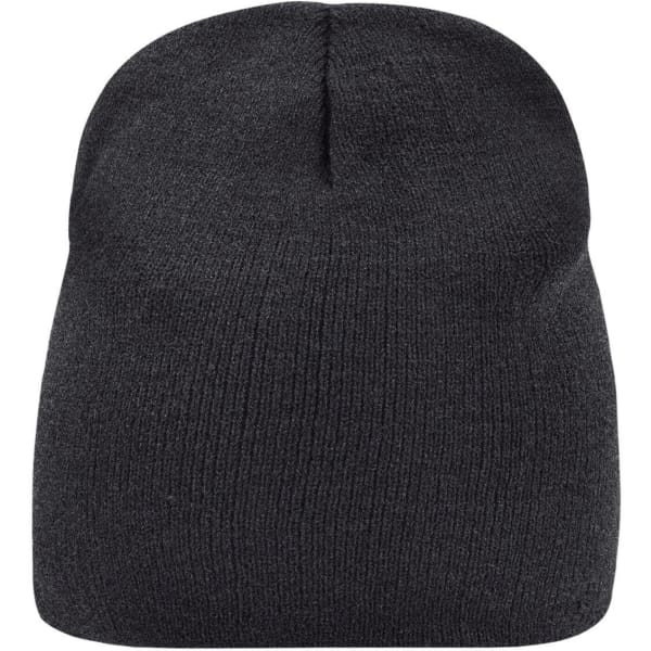 A dark grey beanie with a simple, rounded design. Features a knitted texture and has a logo.