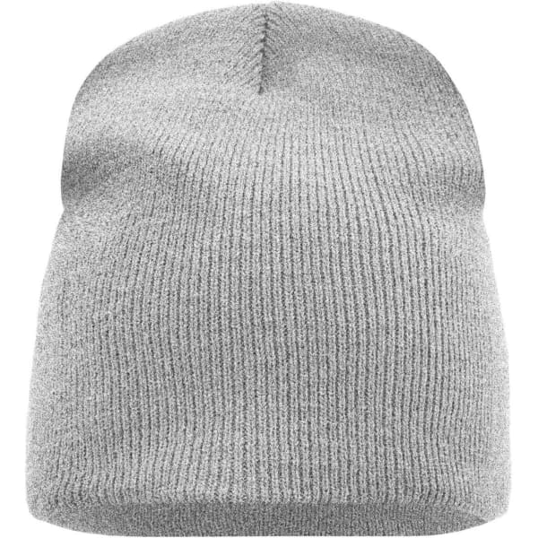 A grey beanie with a ribbed texture and a rounded top, featuring a logo on the side.