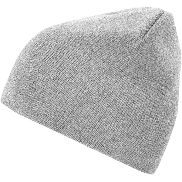 A grey beanie with a snug fit, featuring a simple knitted design and a branded logo.