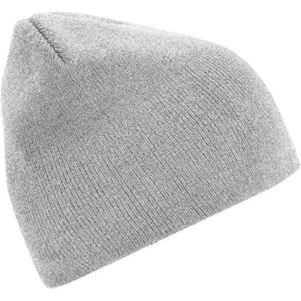 A grey beanie hat, featuring a soft knit texture and a simple design. It includes a branding logo.