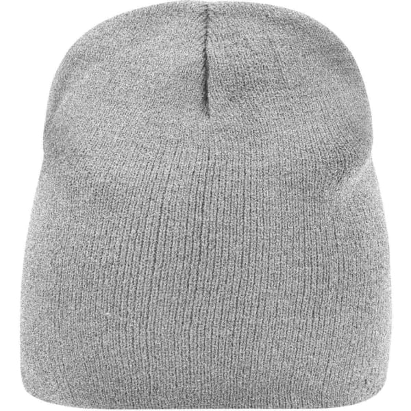 A grey beanie with a ribbed texture and a rounded shape, featuring a branding logo on the side.
