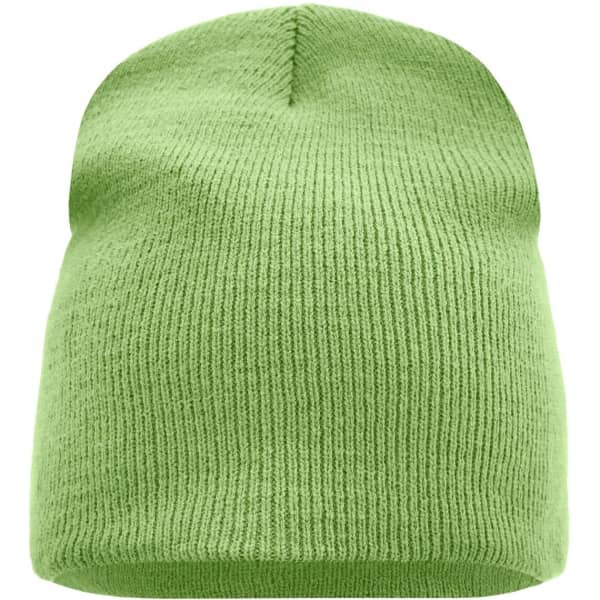 A green knitted beanie with a ribbed texture and a rounded crown. It features a logo on one side.