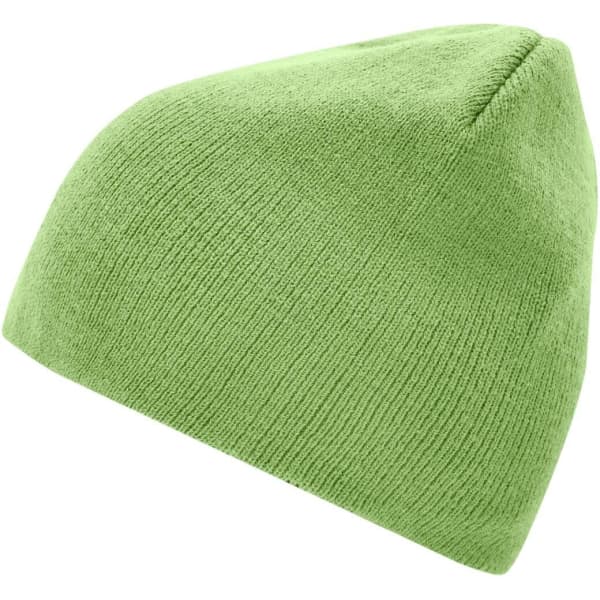 A green beanie displayed at an angle, featuring a snug, knitted texture and a rounded top. It has a logo.