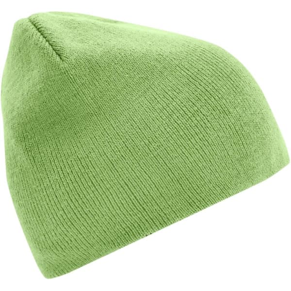A green beanie featuring a textured fabric and a simple design. It has a logo present.