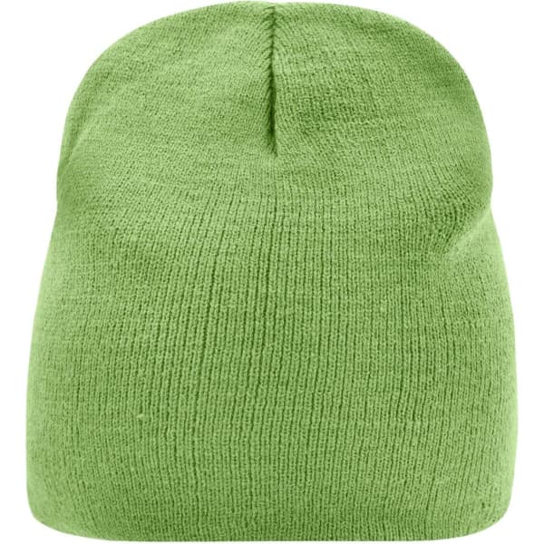 A green beanie with a simple knit design, featuring a small logo on the side.