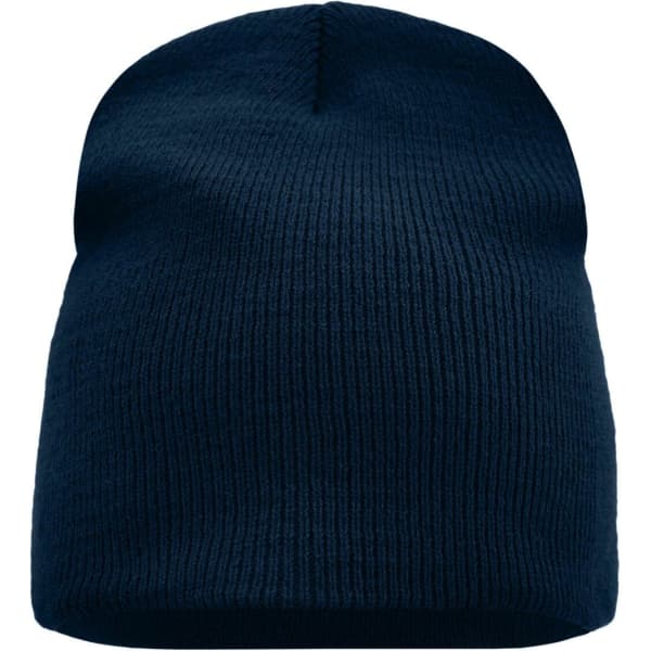 A beanie in navy blue, featuring a ribbed texture and a simple design. It has a logo on the side.
