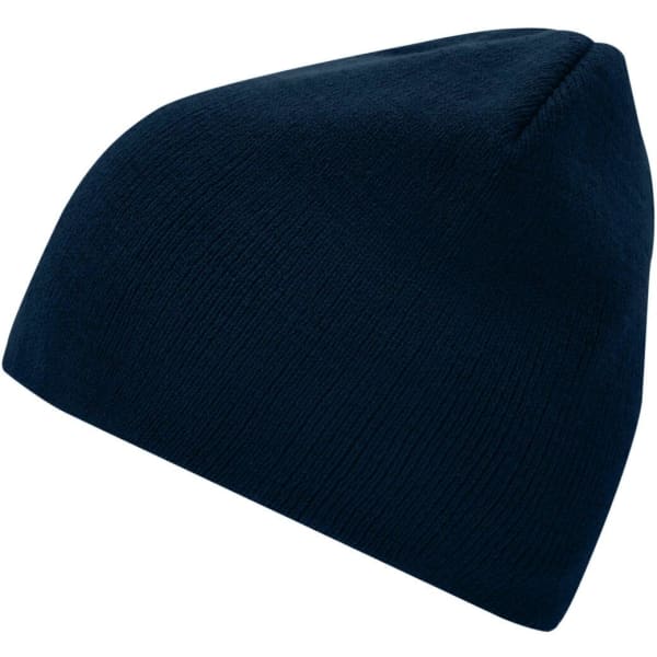 A navy beanie with a simple, textured design. Features a logo on the side.