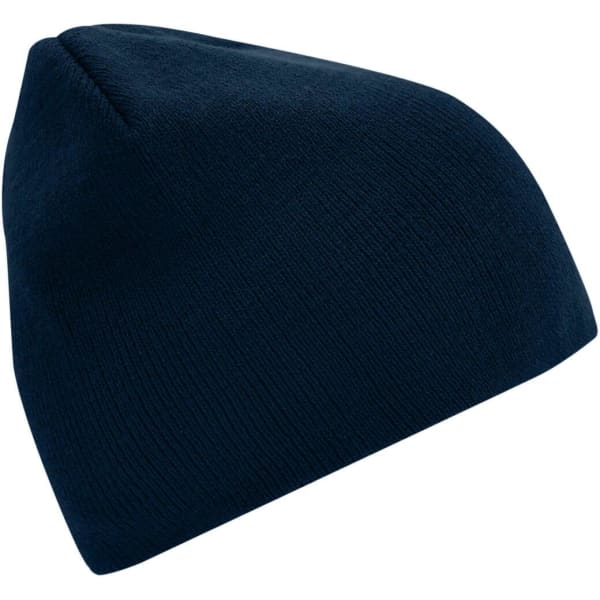 A navy blue beanie displayed on a white background, featuring a simple design and soft material.