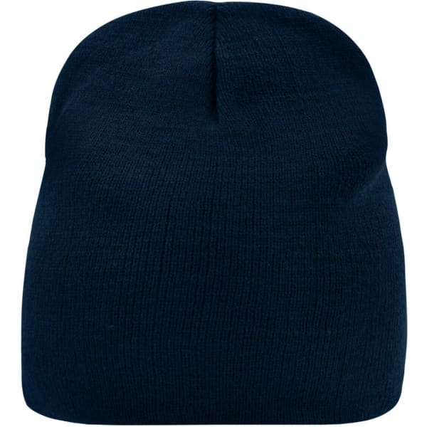 A navy blue beanie with a ribbed texture and a seamless crown, featuring a logo on one side.