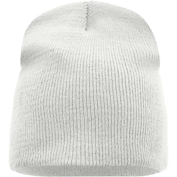 A beanie in light grey with a ribbed texture, featuring a small logo.