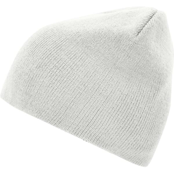 A light grey beanie with a knitted texture, featuring a logo on the side.