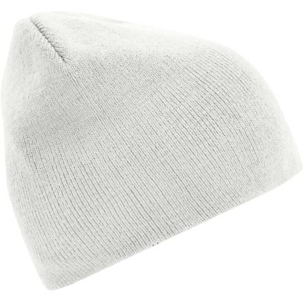A beanie in a light grey colour with a simple, knitted texture and a small logo on one side.