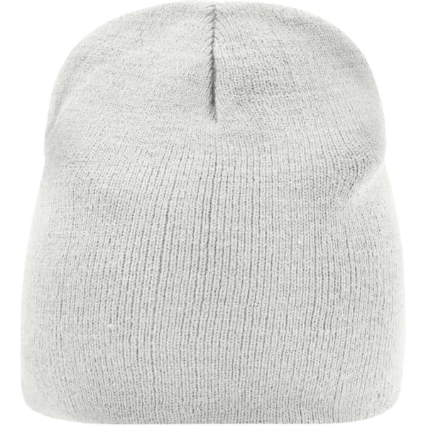 A light grey beanie with a simple knitted texture, featuring a top seam and no visible branding.