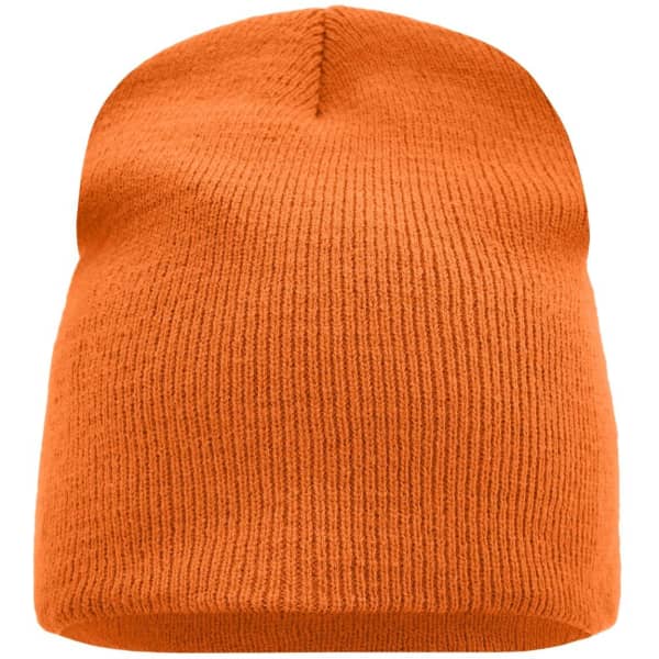 An orange beanie with a ribbed texture and a loose fit at the top, featuring a logo.