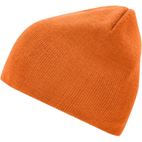 An orange beanie with a snug fit and a seamless crown, featuring a branding logo.