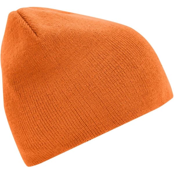 An orange beanie features a soft, knitted texture and a tapered top. It has a simple design with a branding logo.