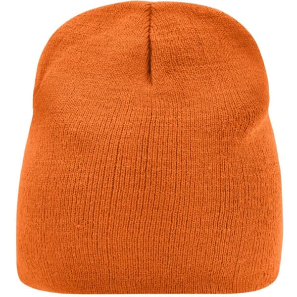 An orange beanie with a simple knit texture and a rounded top. It has a logo on the side.