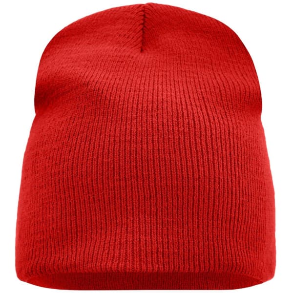 A red beanie with a ribbed texture and a rounded top. It features a logo.