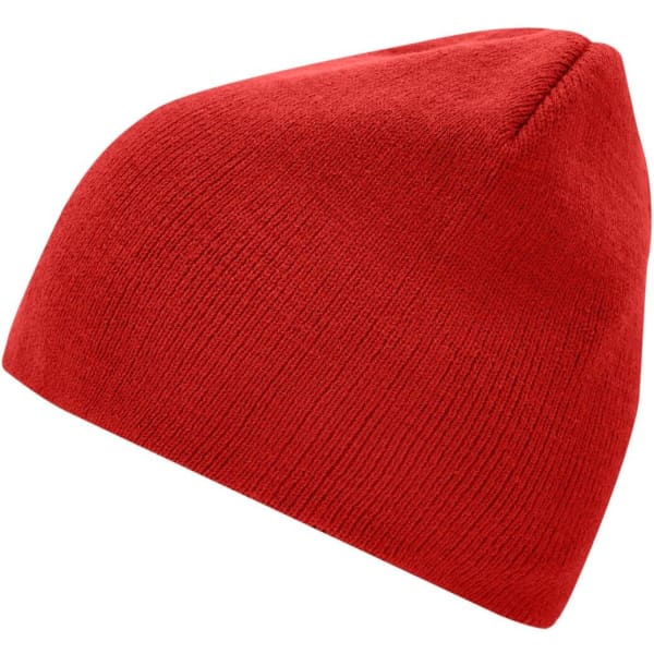 A red beanie with a snug fit, featuring a simple design and a logo.