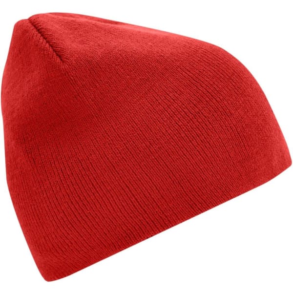 A red beanie with a fitted design. The product features a smooth texture and includes a logo.