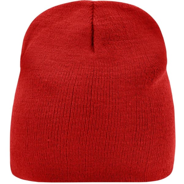 A red beanie with a simple, smooth texture and no visible branding.