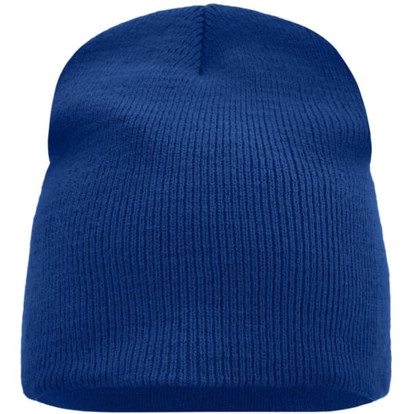A blue beanie with a ribbed texture and a rounded top. It features a logo on the side.