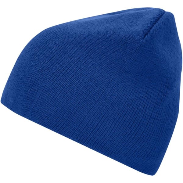 A blue beanie with a simple design and soft texture, featuring a logo on its side.