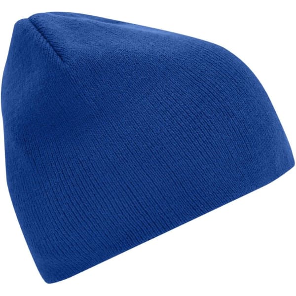 A blue beanie with a simple design and a smooth texture, featuring a logo.