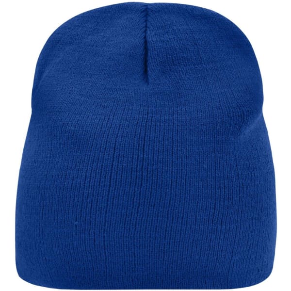 A blue knitted beanie with a smooth texture and rounded top, featuring a logo on the side.