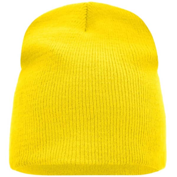 A yellow knitted beanie with a textured pattern and a rounded top. It features a branding logo.